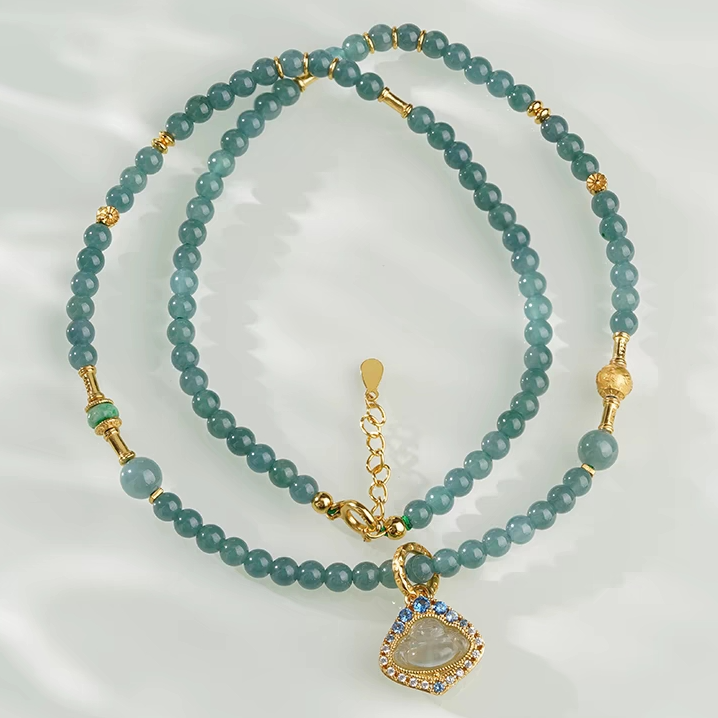 翡翠小米珠项链新中式高级感玉石圆珠吊坠珠串