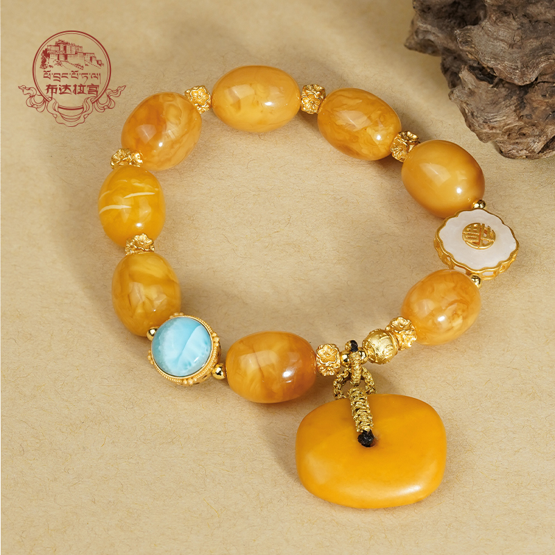 布达拉宫蜜蜡枣珠手串925银配饰黄色气质女款时尚单圈珠珠精美