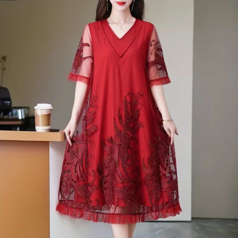 2024女装夏装网纱绣花连衣裙中年妈妈装刺绣V领长裙中年女士夏