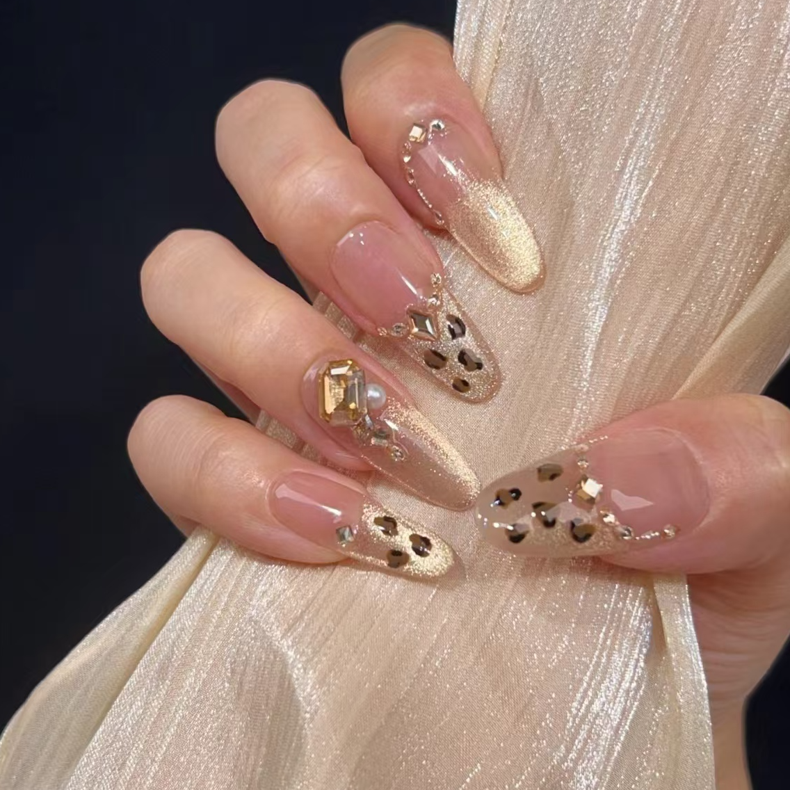 【落日鎏金2.0】纯手工穿戴甲气质豹纹纯欲猫眼四季流行美甲可拆卸