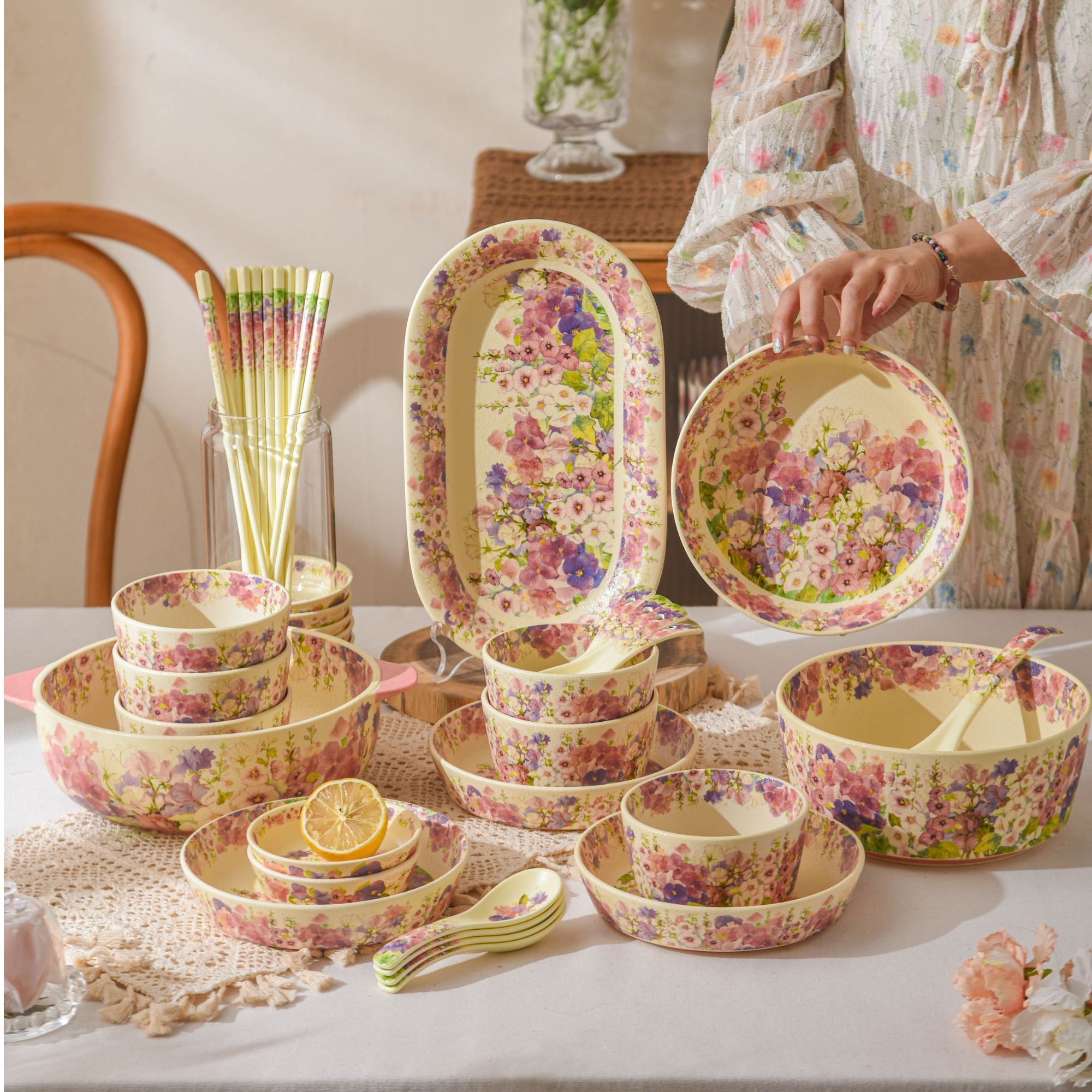 《华典》繁花似锦—陶瓷餐具釉中彩套装碗碟菜盘筷勺汤盘陶瓷餐具