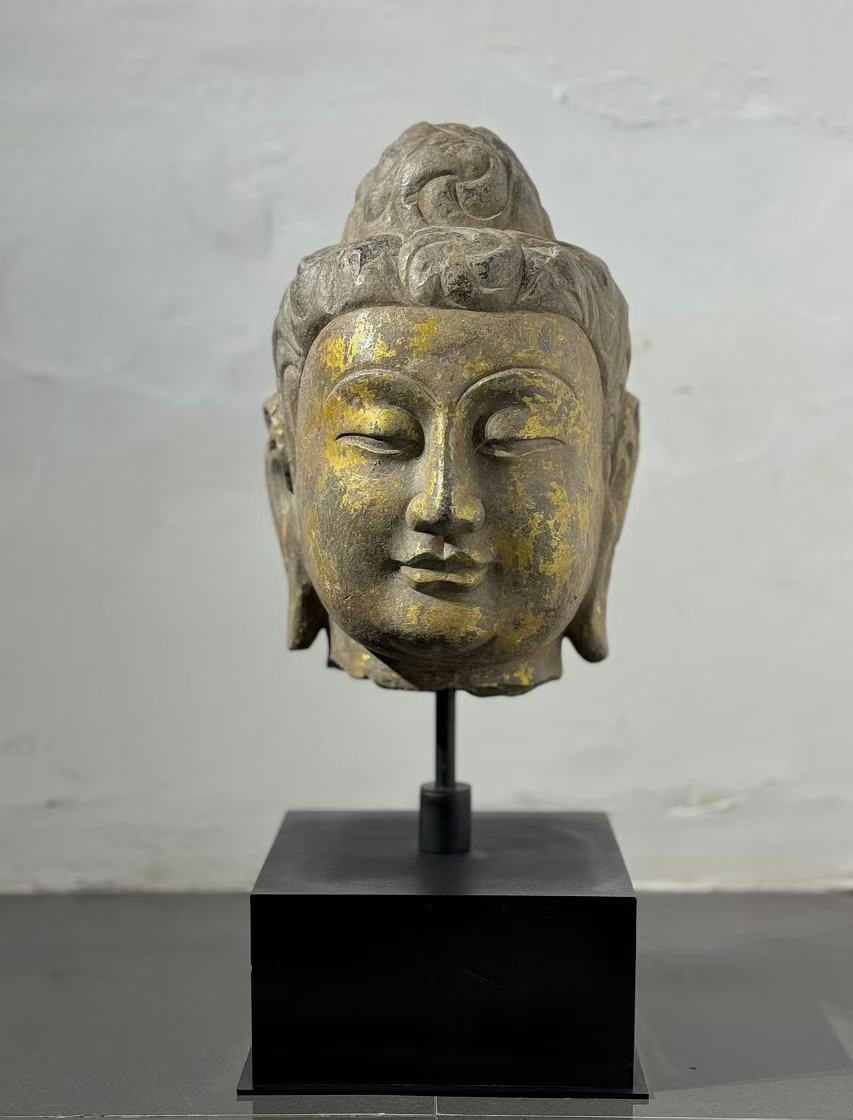 老物件老石雕青石鎏金佛头，尺寸：净高42厘米 雕刻雕塑雕像老物件