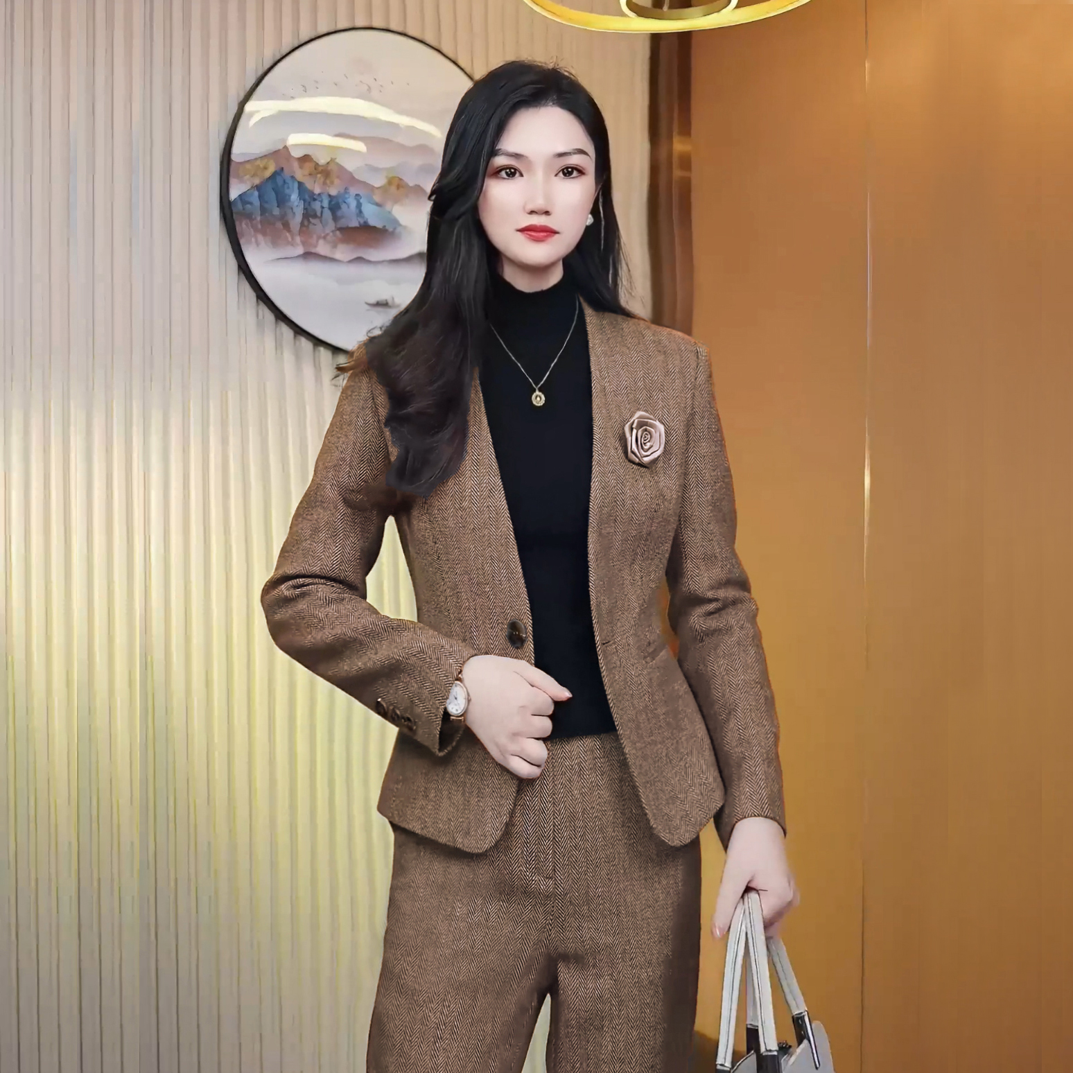 绵羊毛秋冬毛呢西装套装外套女短款西服时尚气质休闲百搭套装西服