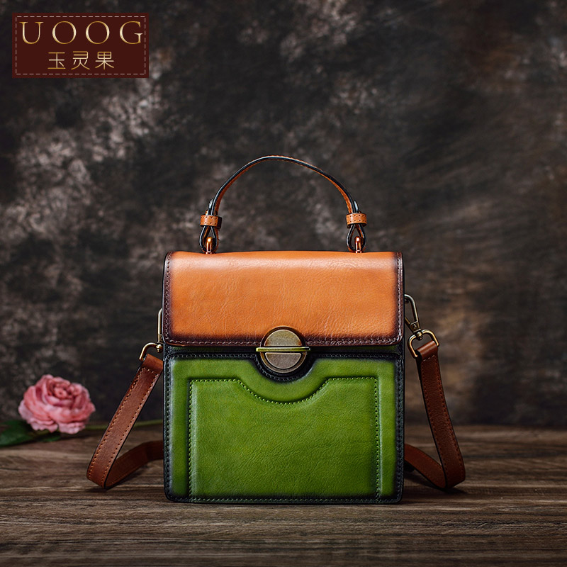UOOG真皮女包水桶托特包头层牛皮手工包2025新款撞色单肩斜挎包