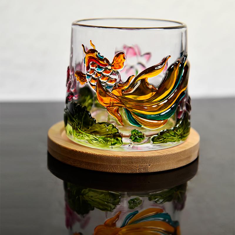 [豆豆]H694创意彩绘鱼形赚赚旋转威士忌酒杯水晶玻璃洋酒杯家用