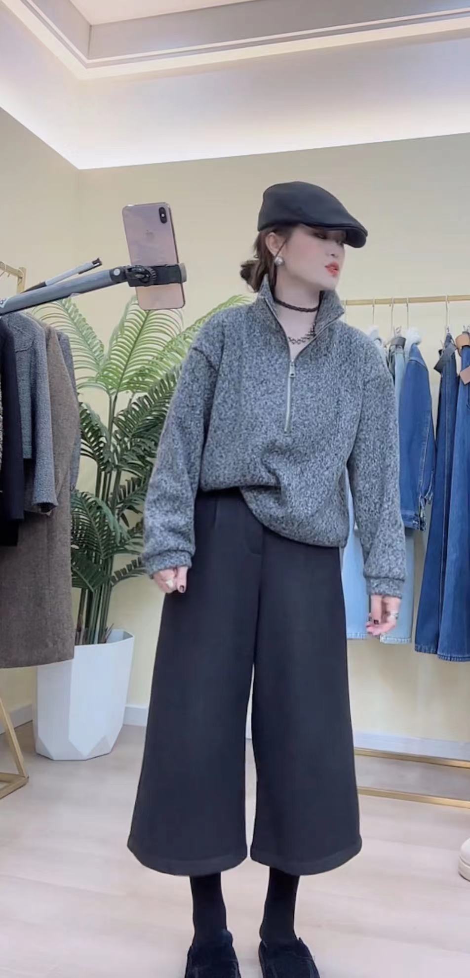 高端欧货冬季半松紧加绒高腰休闲毛呢阔腿直筒八分裤女