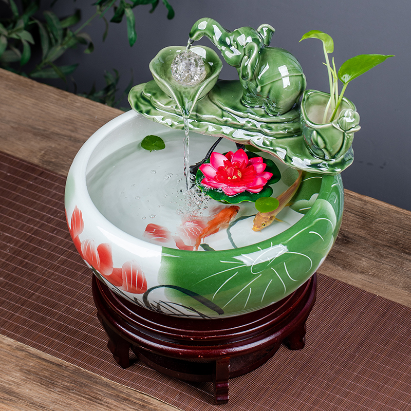 景德镇陶瓷鱼缸手绘桌面循环流水金鱼乌龟缸荷花盆缸客厅流水摆件
