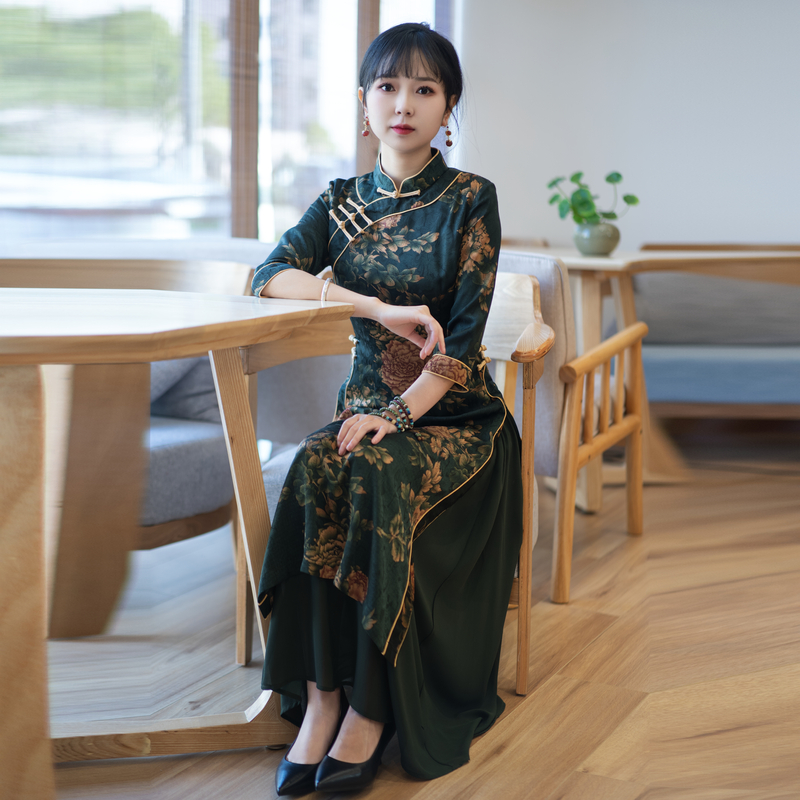 如意风改良旗袍网红印花气质连衣裙中年妈妈日常素雅中式长裙R900