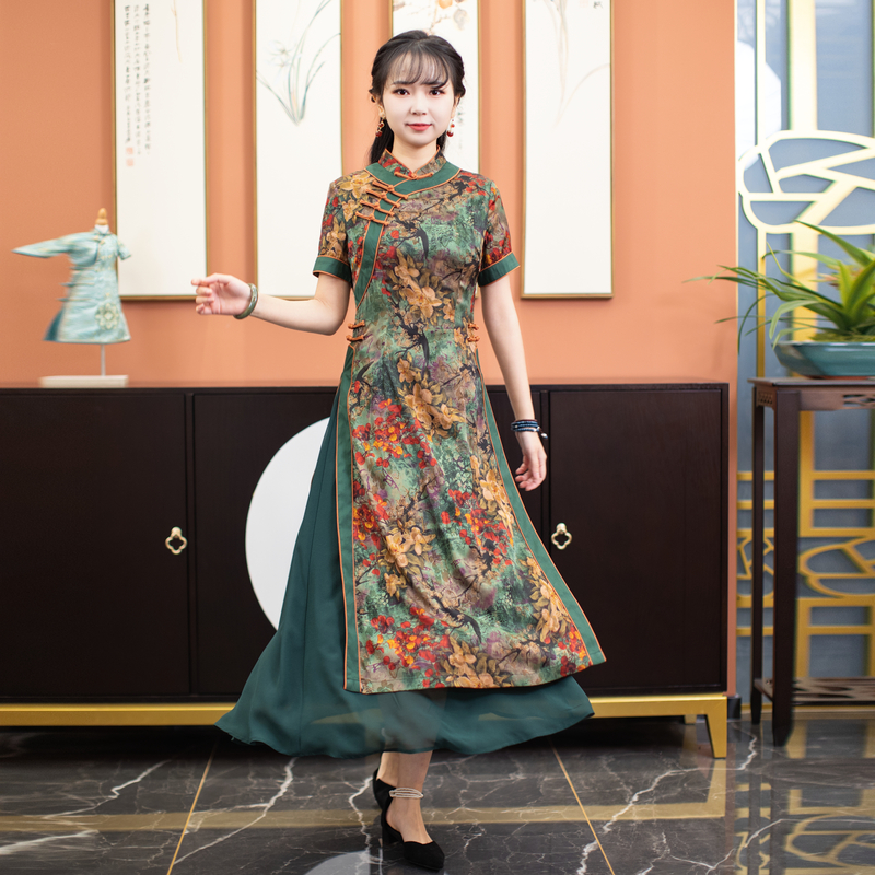 如意风奥黛高贵中国风中式女收腰显瘦款民国复古气质裙子22R106