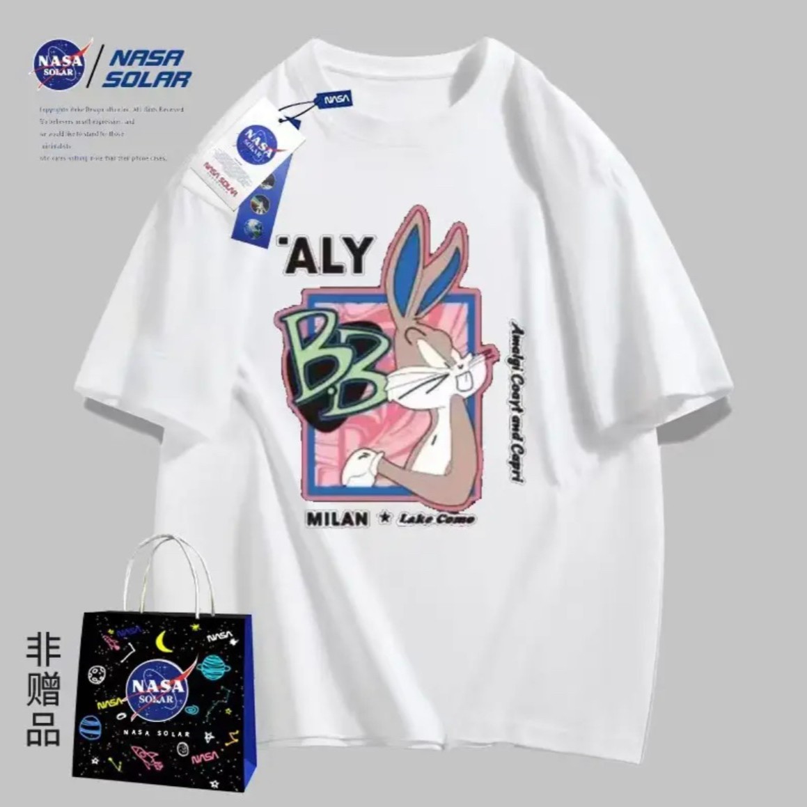 NASA CLOT联名款春款国潮圆领常规短袖套头时尚同款-粉兔