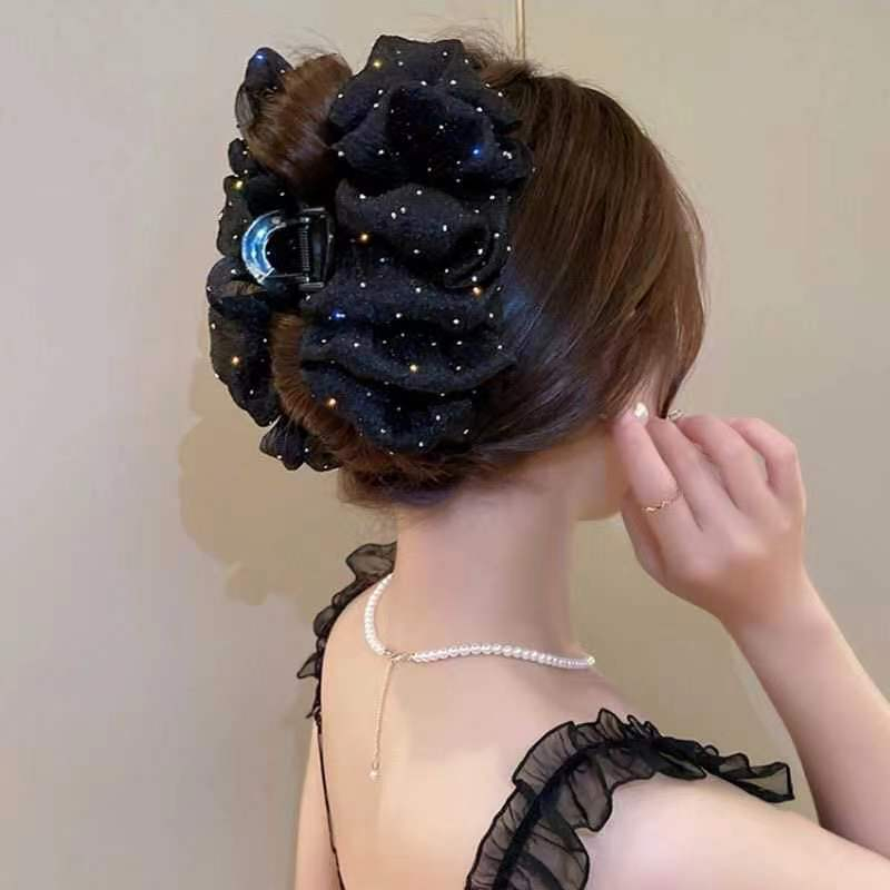 网纱泡泡抓夹女发饰气质后脑勺盘发鲨鱼夹大号多层蝴蝶结发夹头饰