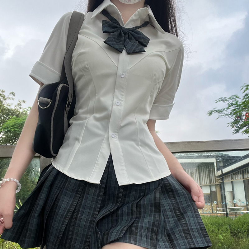 喵太JK收腰弹力衬衫V领长短袖修身显瘦上衣纯欲辣妹少女春夏白色