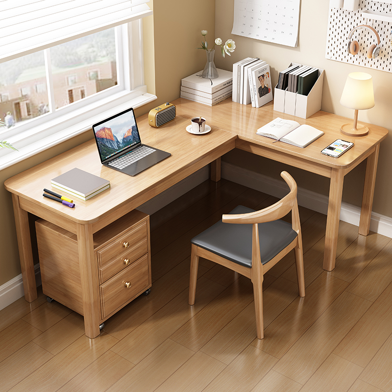 转角书桌书架一体家用学生学习桌多功能写字桌可升降橡木桌椅单桌