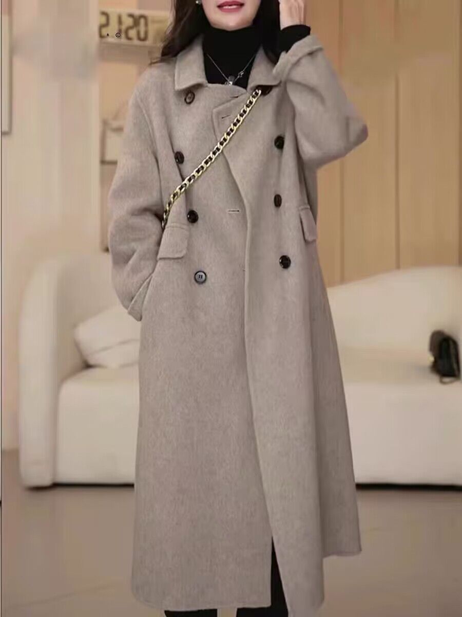 【D491-D500】2024年气质百搭时尚韩版双排扣双面尼中长款大衣外套