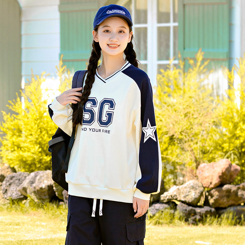 高中生运动卫衣秋季新款少女大童13岁16初中学生秋装V领上衣