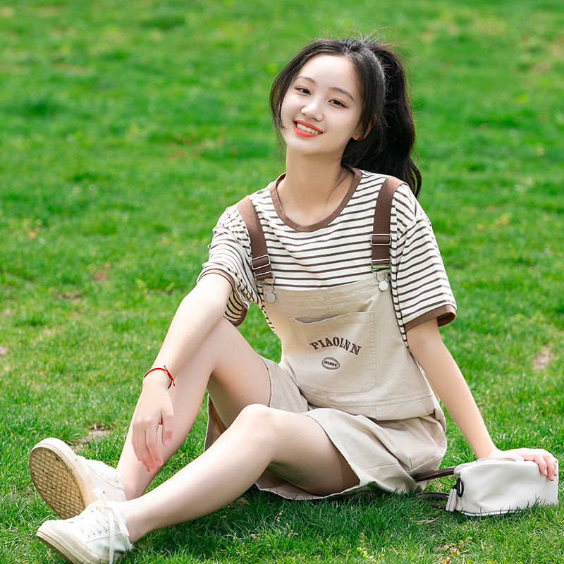 少女背带裤套装两件套初中学生夏装高中女生夏季大童阔腿裤小个子
