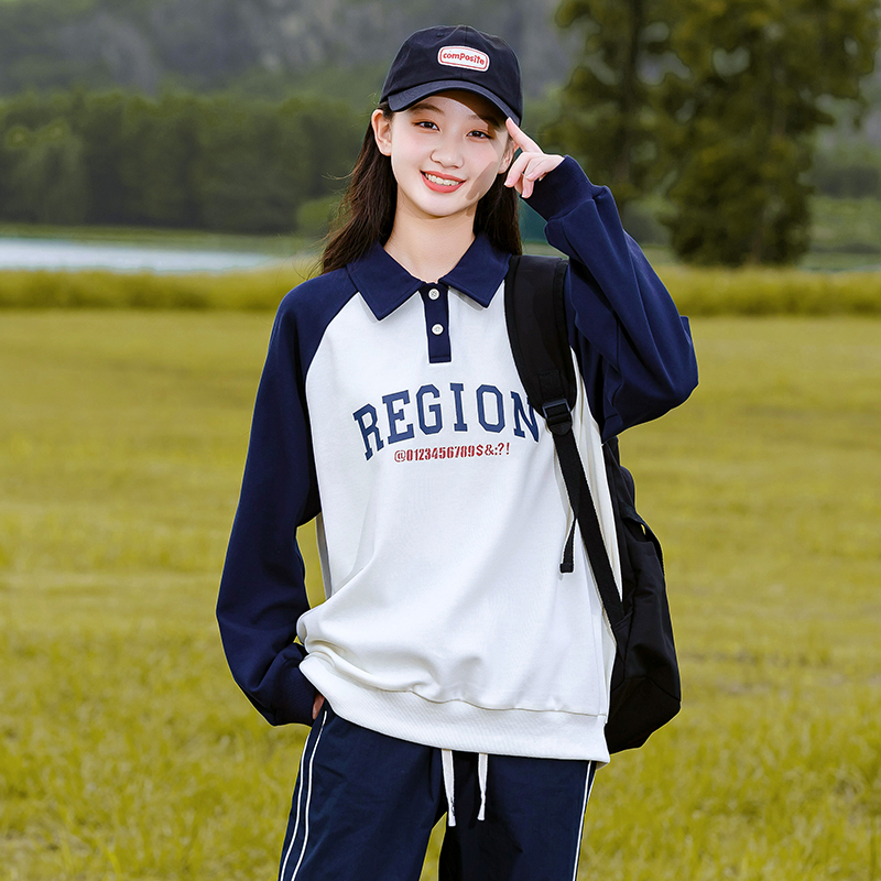 初中学生秋装卫衣女大童13岁少女高中学生春秋polo领上衣洋气撞色