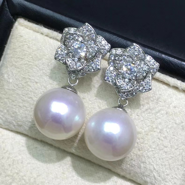 925银珐琅耳饰 原创白色卡12~14m山茶花气质耳环满钻镶嵌气质百搭