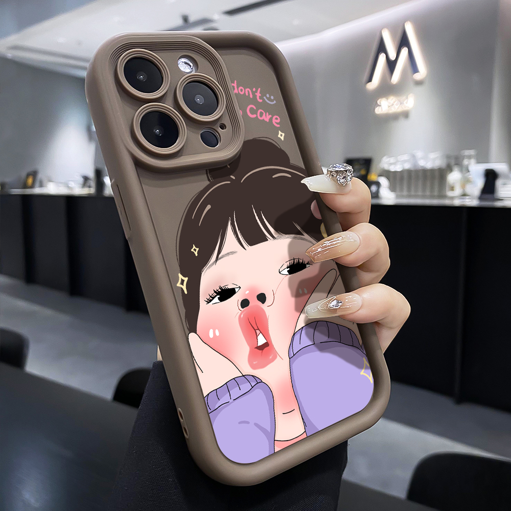可爱嘟嘴女孩适用苹果15/VIVO卡通OPPO/华为/小米肤感磨砂手机壳