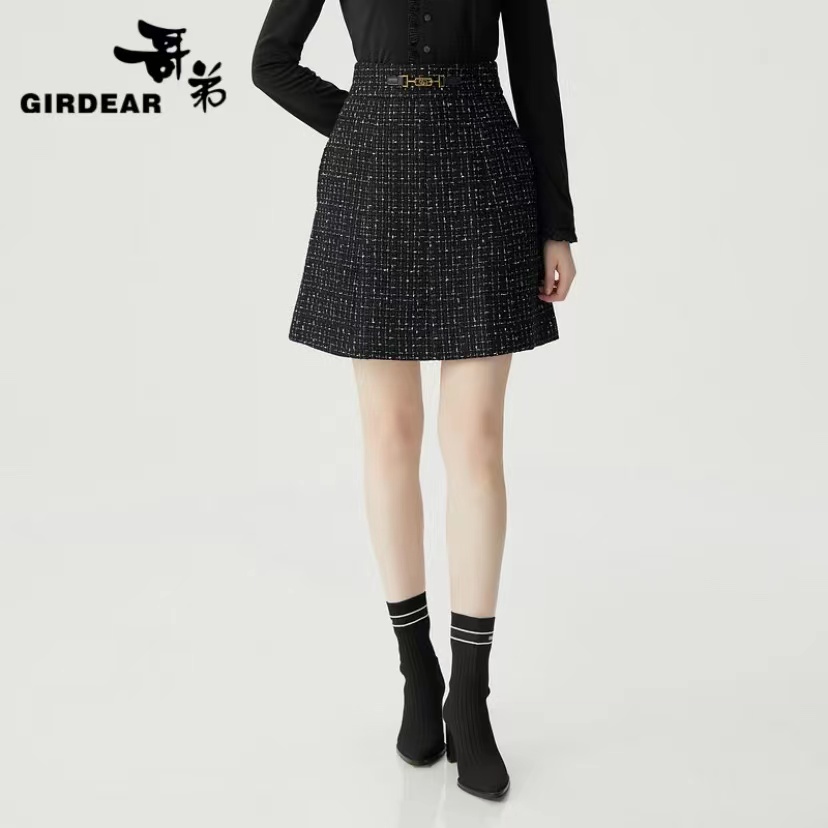 GIRDEAR/哥弟秋冬绵羊毛显瘦粗花呢毛呢半身高腰a字半身裙1200340