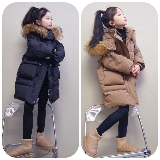 女童羽绒服冬装2023新款韩版中大童儿童中长款洋气加厚白鸭绒外套