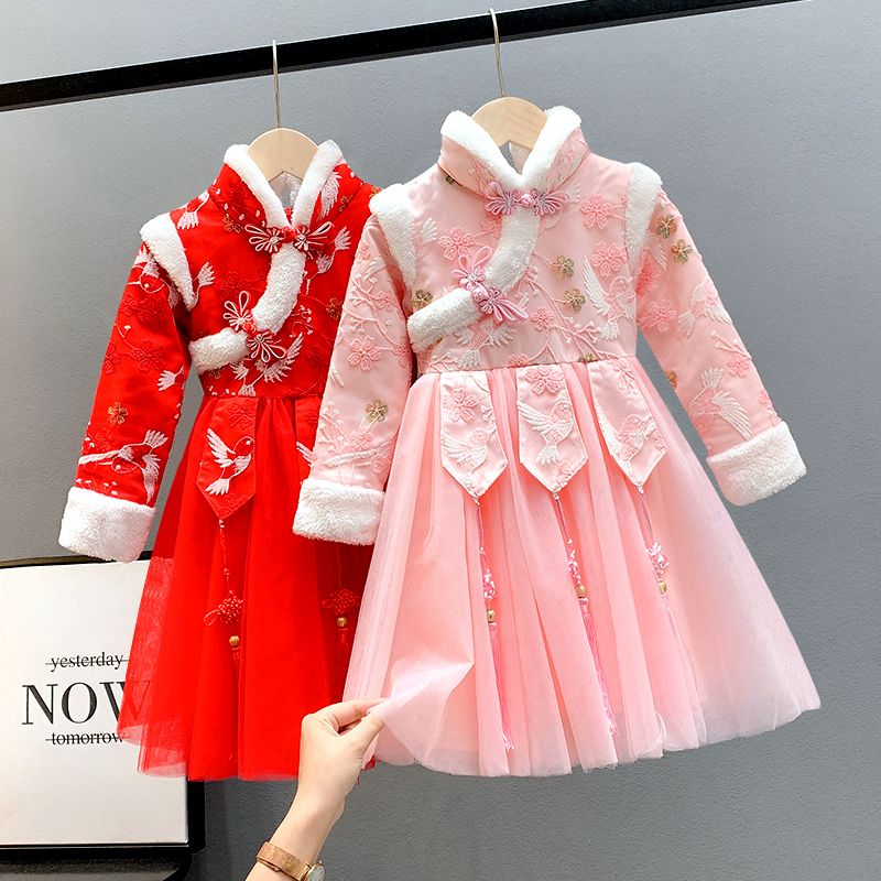 女童拜年服旗袍冬装加绒儿童过年喜庆新年装公主裙中国风唐装冬裙