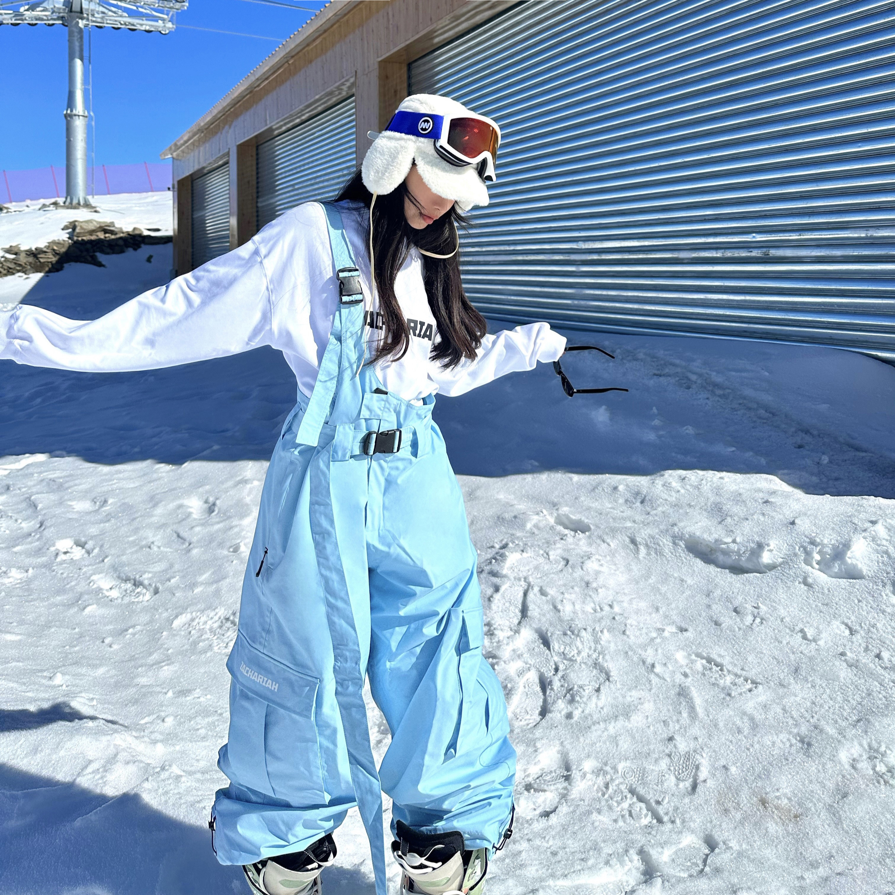 ZACHARIAH【baby蓝】机能风单肩滑雪背带裤防风防水保暖宽松滑雪裤