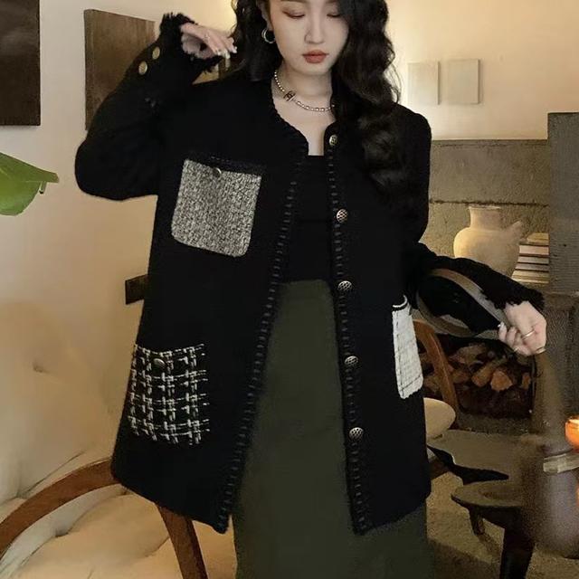 鸭鸭拼接撞色黑色小香风外套女2023年秋冬新款高级感复古气质短款