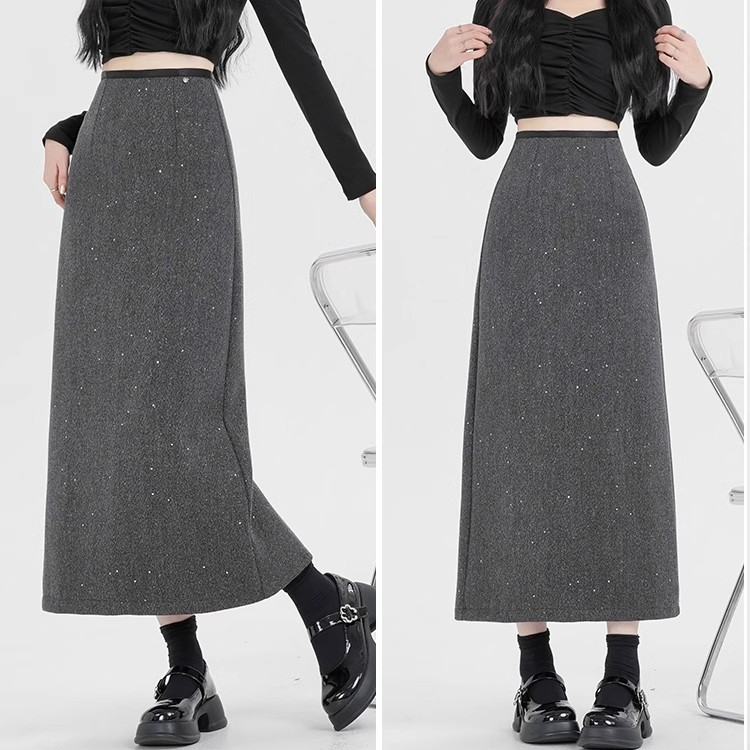 加绒小香风亮片毛呢半身裙女2024秋冬新款高腰显瘦后开叉直筒长裙