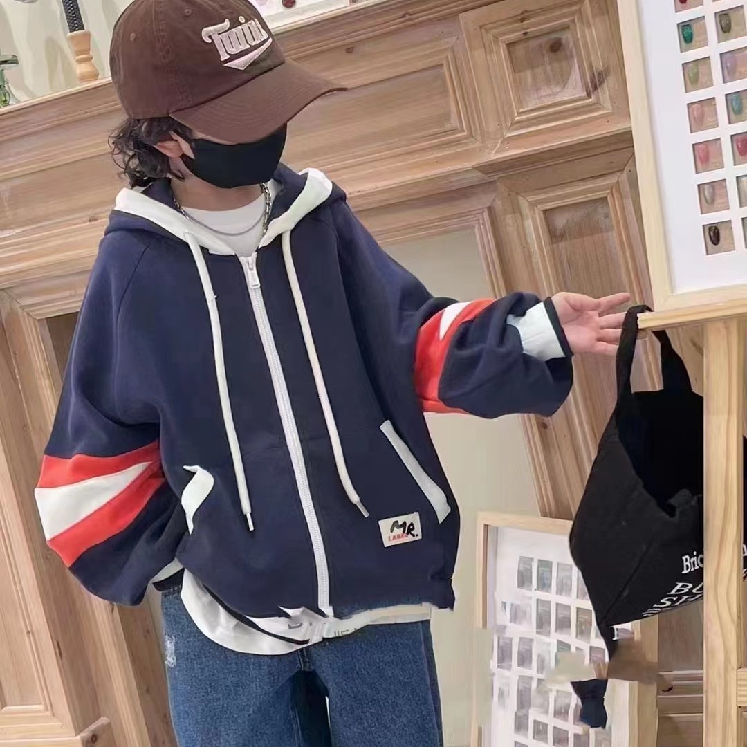 儿童春秋休闲时尚童装连帽拼接拼色上衣宽松百搭带帽女童男童大童