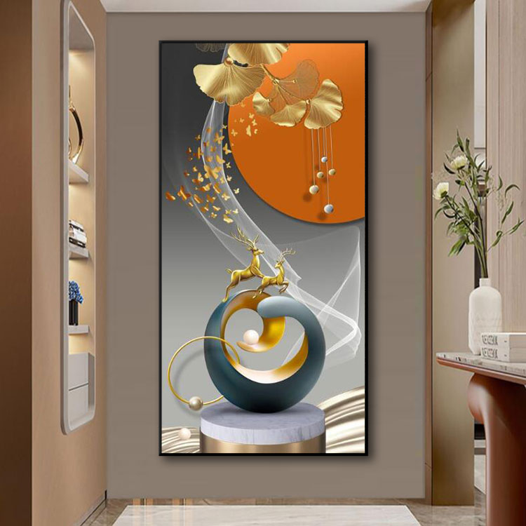 轻奢玄关装饰画现代简约大气壁画几何抽象麋鹿挂画满钻晶瓷装饰画