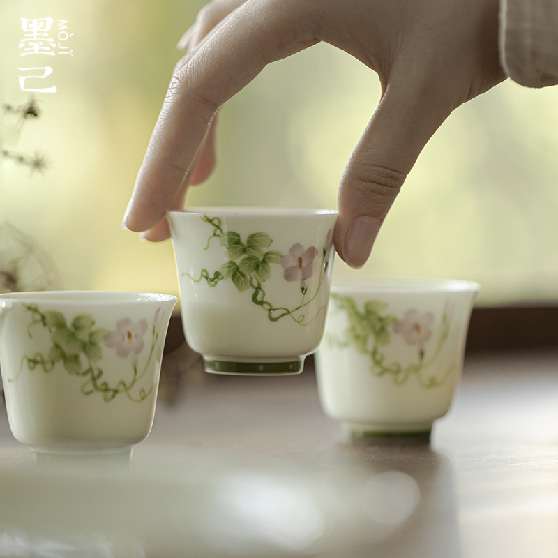 墨己小苍翠手绘牵牛花品茗杯功夫茶具陶瓷茶杯家用玉泥单杯小杯子