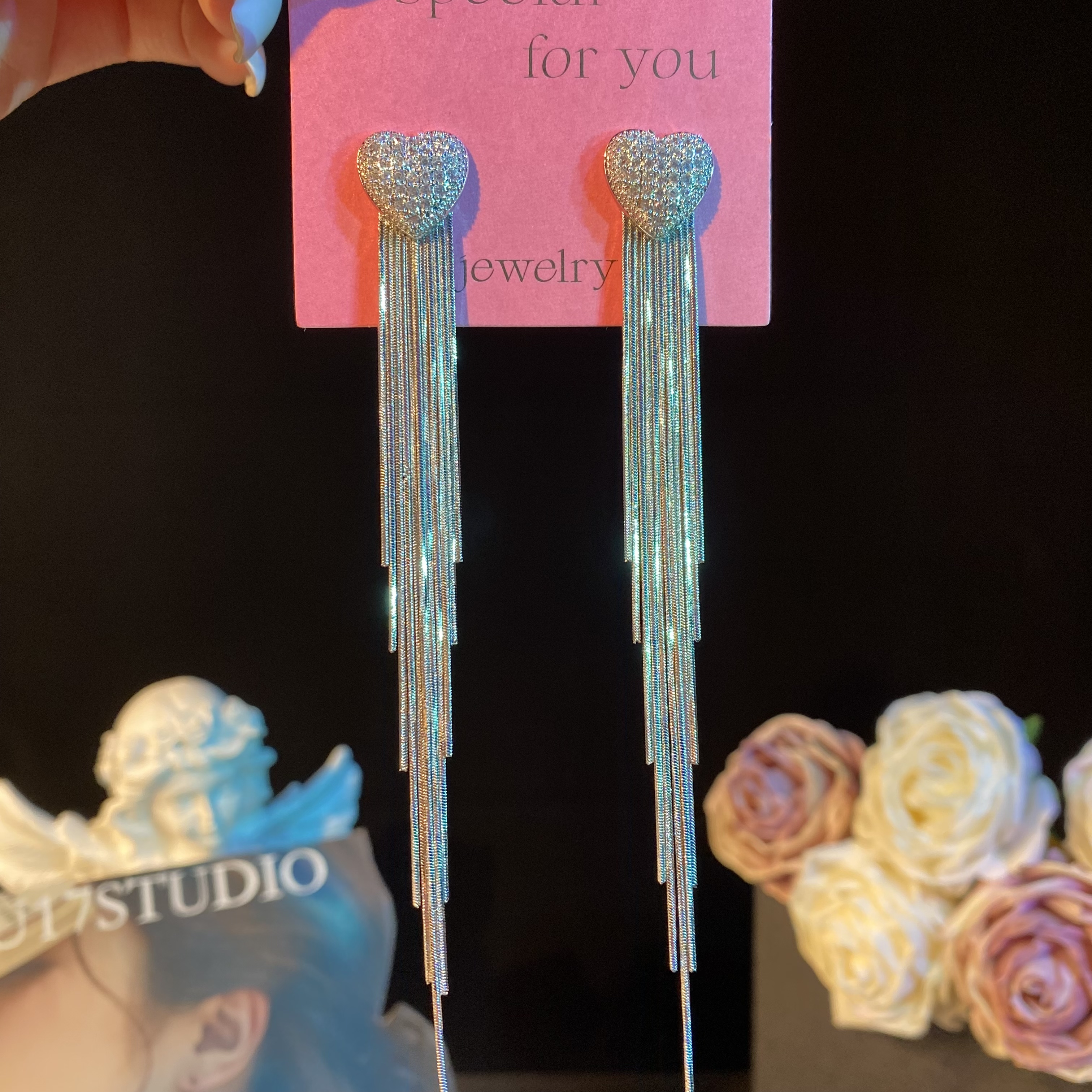 铜合金耳饰 馨心】长款爱心流苏耳环气质轻奢时尚百搭重工耳钉洋气