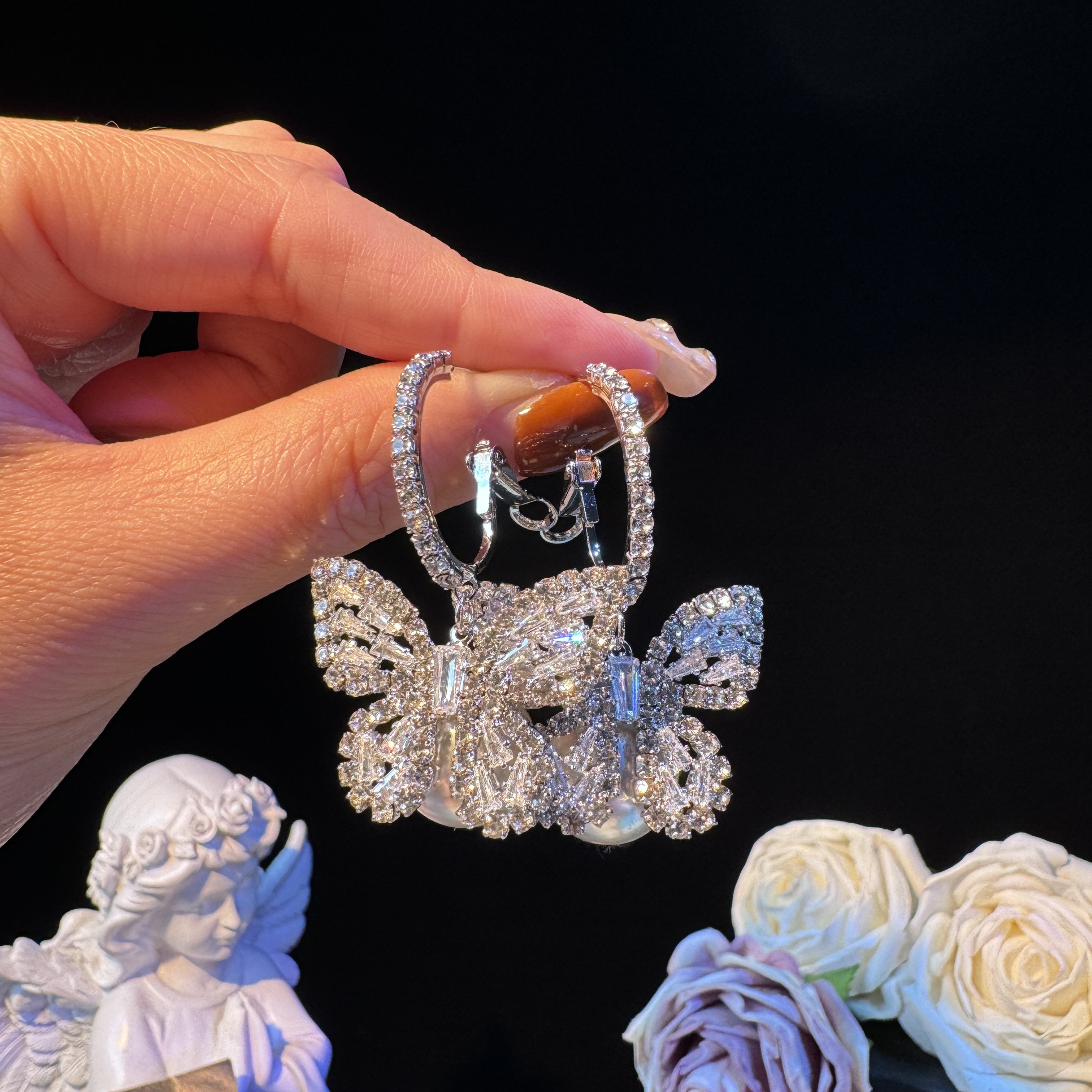 铜合金耳饰 蝶恋】重工锆石蝴蝶时尚耳坠精致满钻珠珠耳环气质轻奢