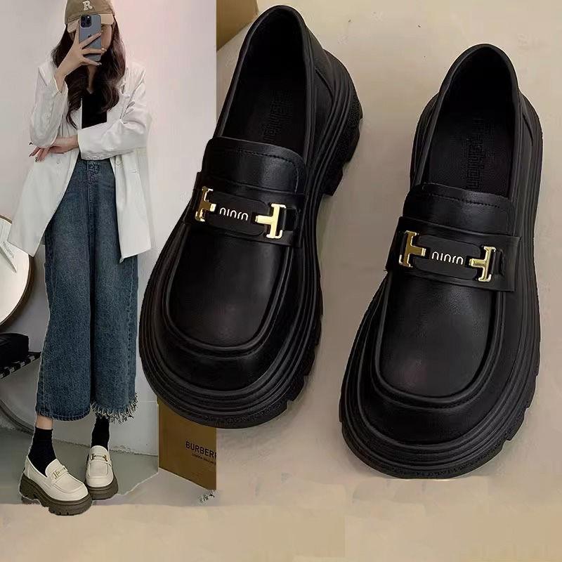 乐福鞋女2023新款春秋厚底复古一脚蹬小皮鞋英伦风黑色制服jk单鞋
