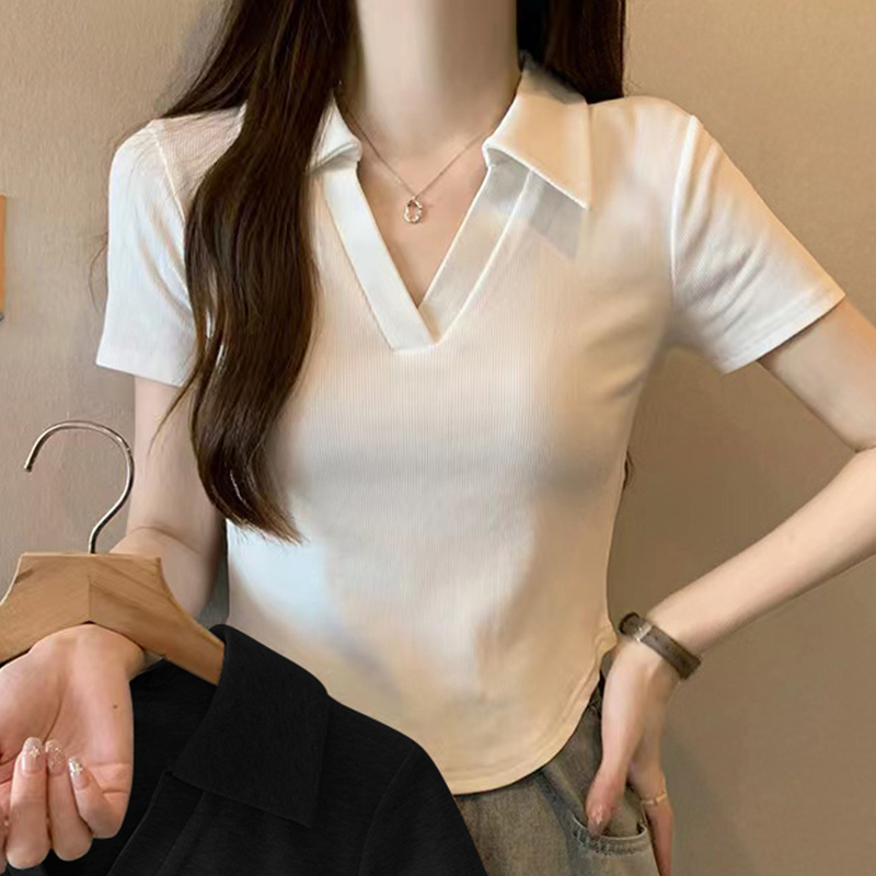 polo领短袖t恤女2025夏季高端设计感小众白色不规则正肩短款上衣