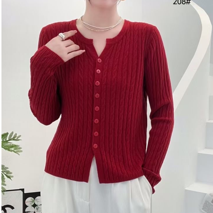 2024秋冬圆领长袖针织开衫女时尚显瘦新款纯色毛衣外套上衣208