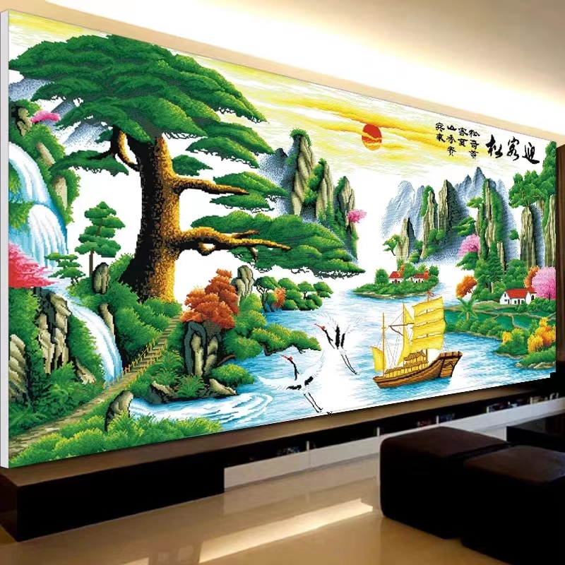 迎客松财运版一帆风顺非满绣简约手工线绣方便刺绣十字绣仙鹤印花