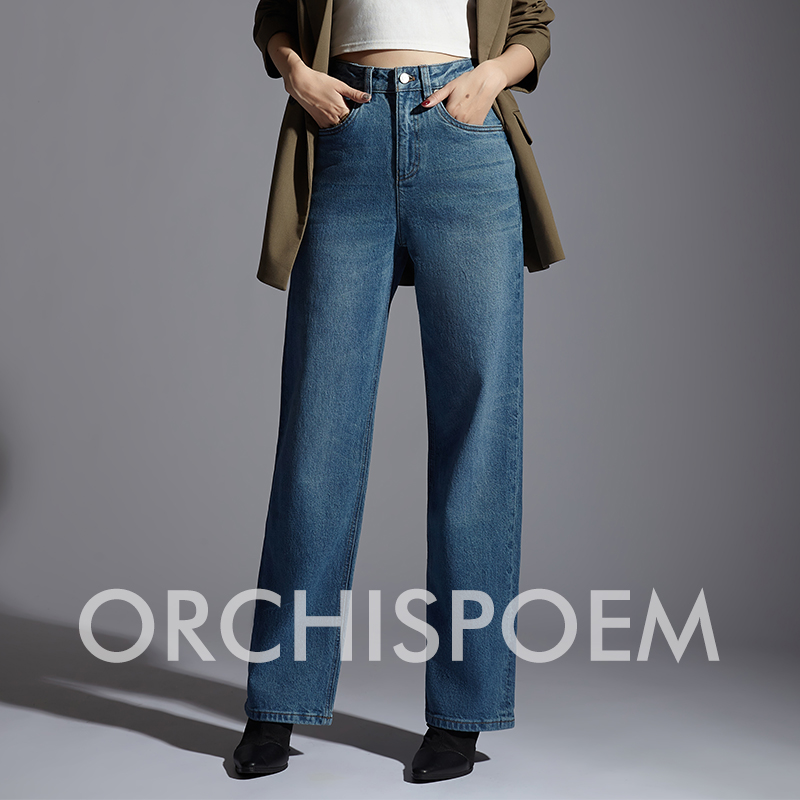 ORCHISPOEM/序兰诗高奢女修身百搭时尚潮流中高腰微弹直筒牛仔裤