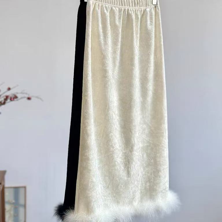 【秋姿漫】冬季新中式加绒加厚松紧腰A字裙宽松国风丝绒保暖半身裙