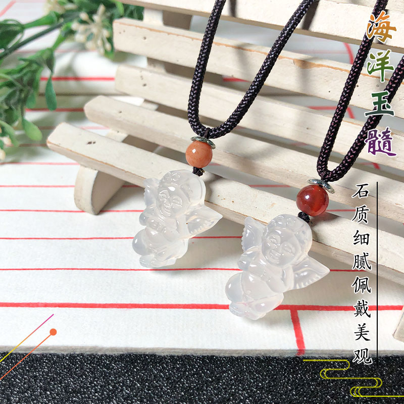 海洋玉髓白冰小天使吊坠天然玛瑙天使之翼礼物挂坠项坠小挂件饰品