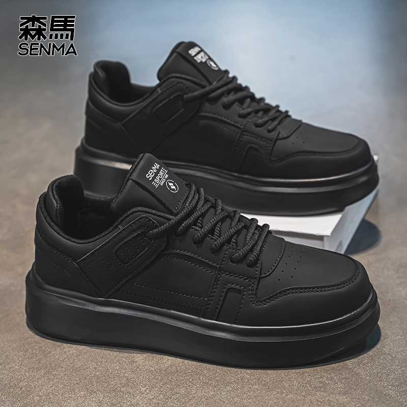 SENMA/森马男鞋冬季新款运动休闲纯黑色低帮板鞋男士防水休闲皮鞋