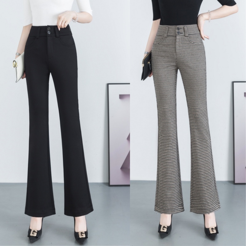 高档格子微喇裤女士高腰黑色加绒喇叭裤弹力长裤显瘦百搭时尚长裤