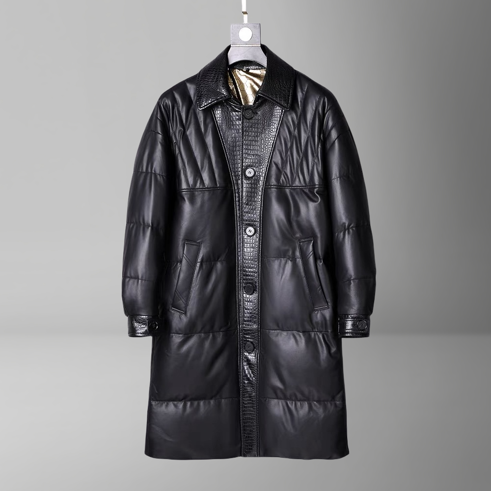 男士真皮大衣长款绵羊皮翻领白鹅绒宽松版休闲羽绒服鳄鱼纹拼接