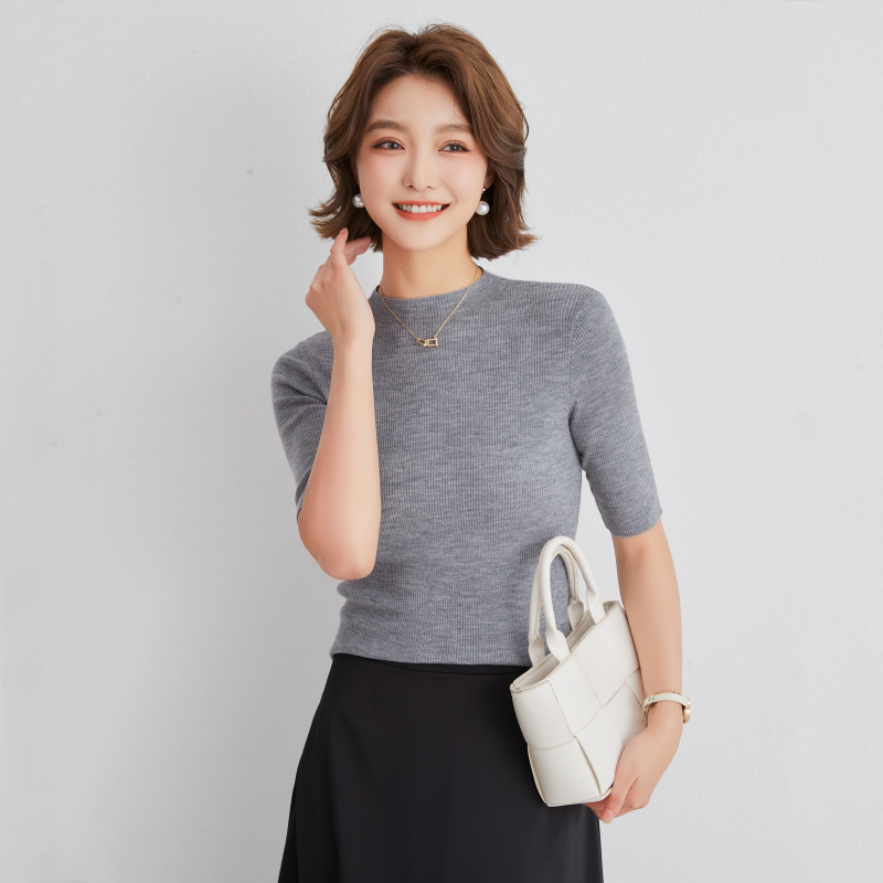 100纯羊毛精纺薄款女士半高领紧身半袖袖T恤打底衫L140PR1003