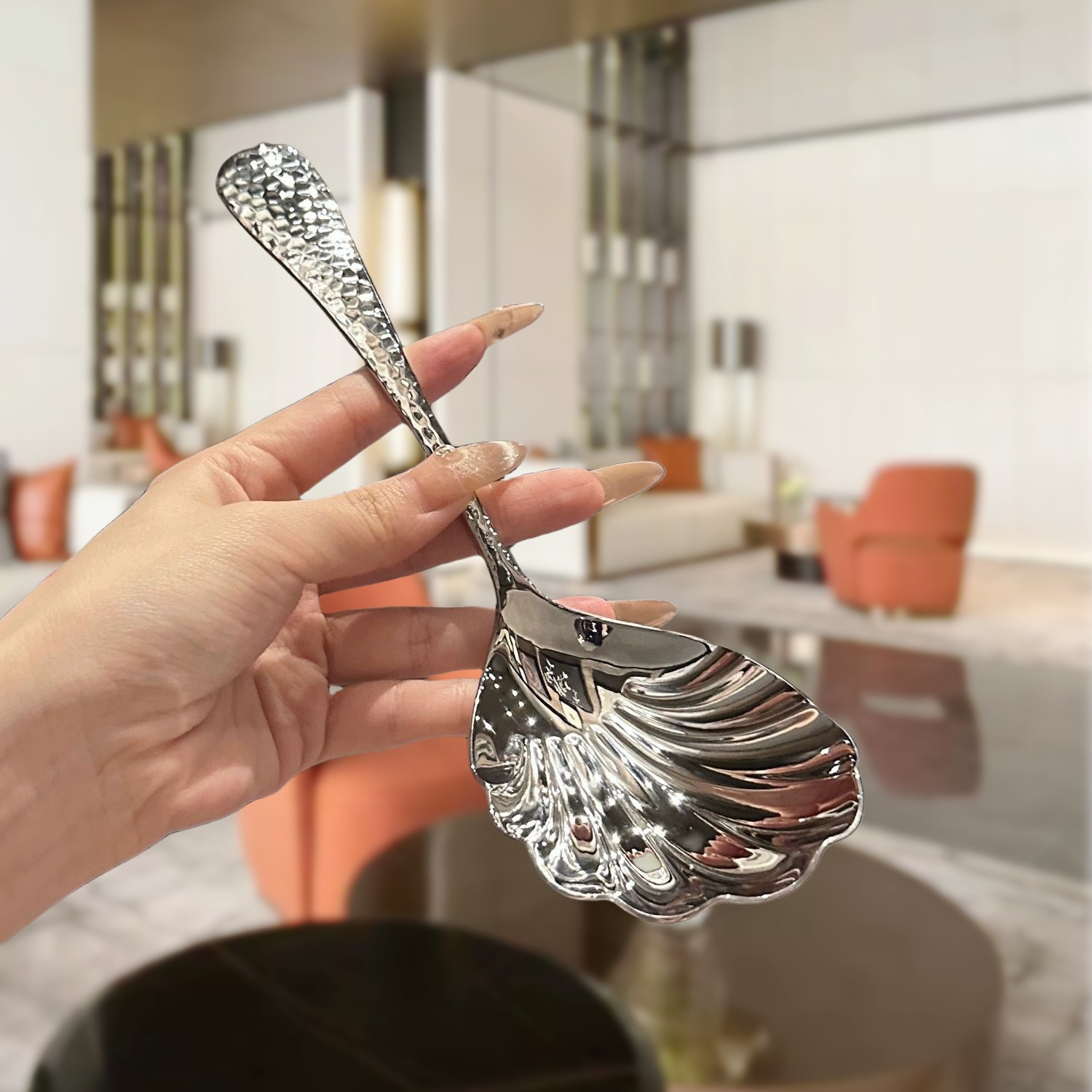 巧禾 18/10不锈钢分餐勺搅拌勺公用勺创意锤纹大贝欧式壳汤勺韩式