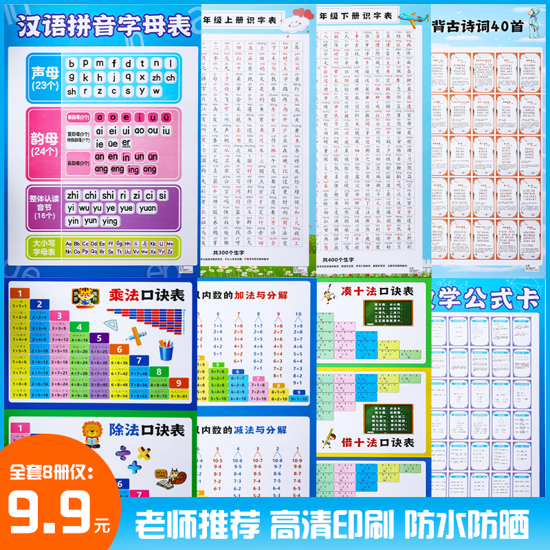 【9.9元全套8张】高清儿童学习挂图全套 拼音字母乘除加减口诀表