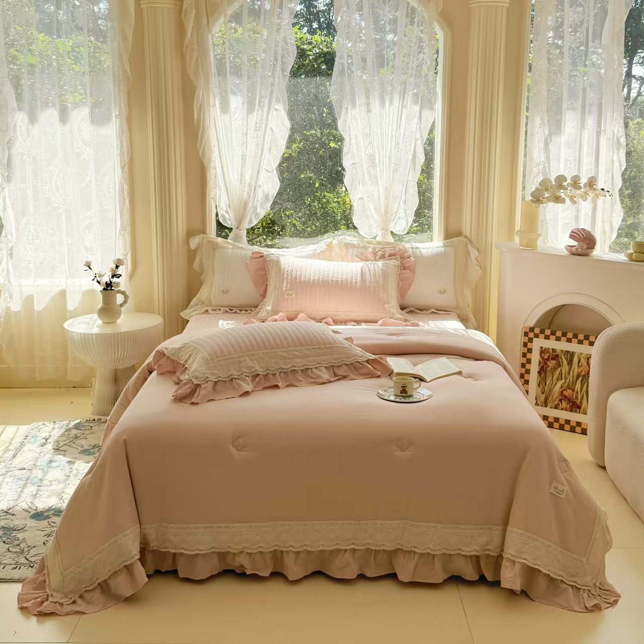 露西娜法式全棉双层纱皱皱纱冬被床盖四件套公主风纯色韩版