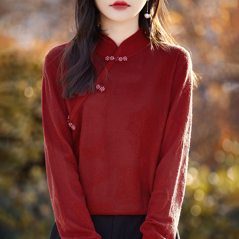国风复古纽扣旗袍领纯色套头针织衫蕾丝气质女士百搭打底衫2452