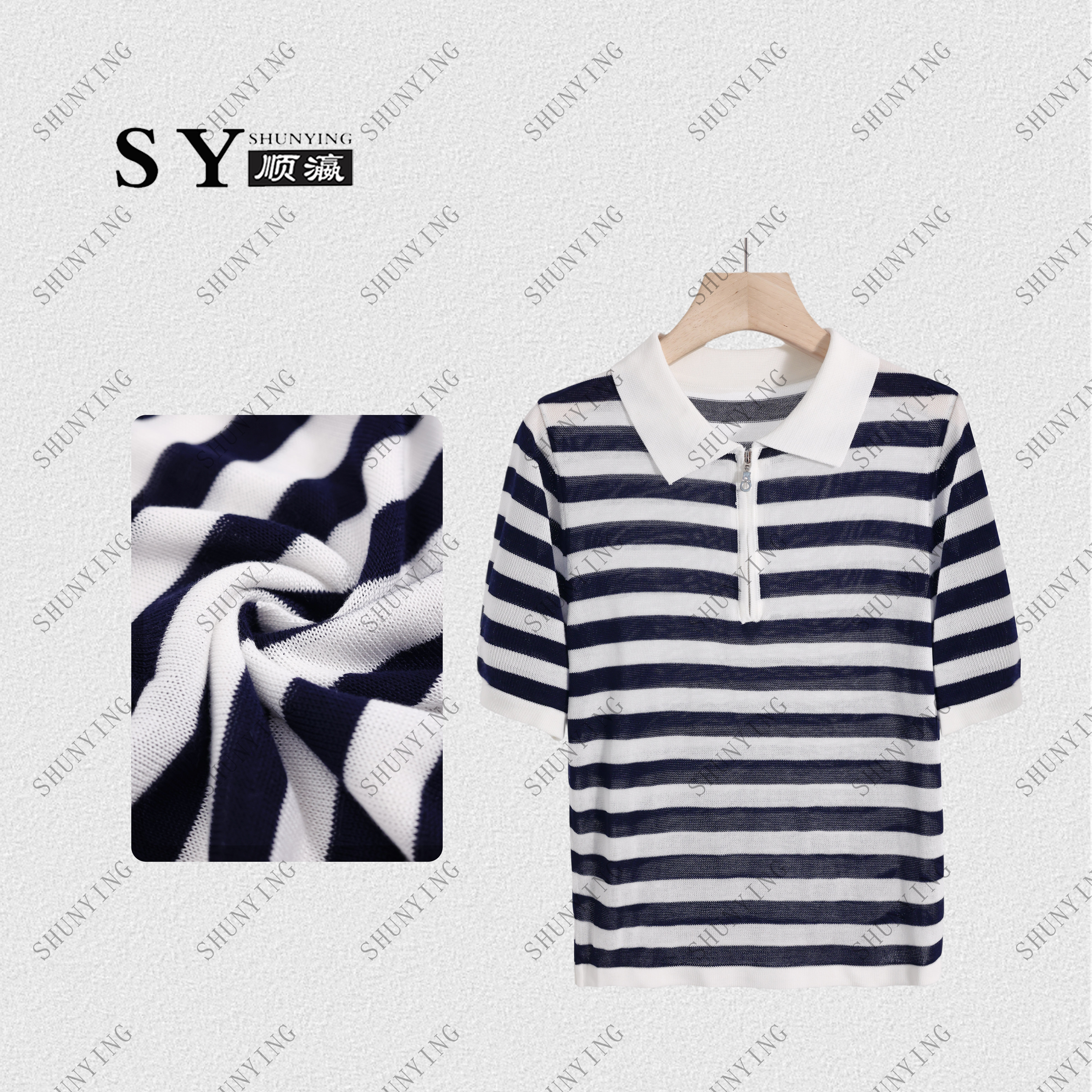 【顺瀛】夏季新款气质显瘦条纹翻领拉链短袖针织T恤SY62ZZ240422